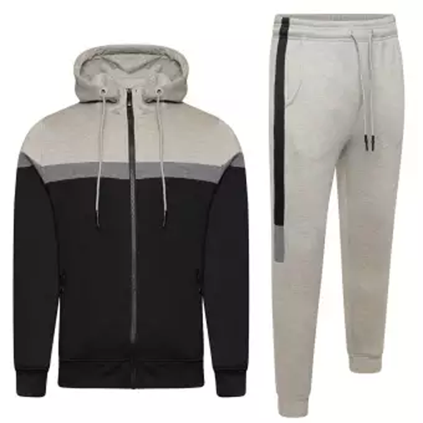 grey and black hooded tracksuit