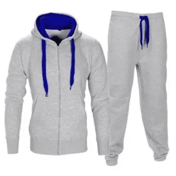 grey and blue hooded tracksuit