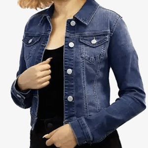 womens dark blue denim jacket close view