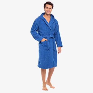 Kimono Soft Terry Cotton Men Hooded Bathrobe Blue