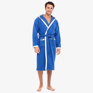 Kimono Soft Terry Cotton Men Hooded Waffle Bathrobe Blue