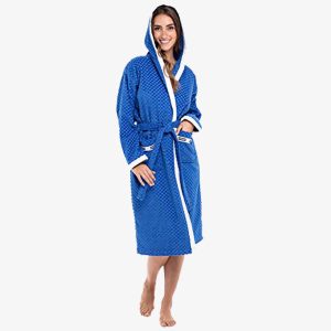 Kimono Soft Terry Cotton Women Hooded Waffle Bathrobe Blue