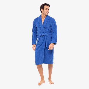 Kimono Soft Terry Cotton Men Shawl Collar Bathrobe Blue