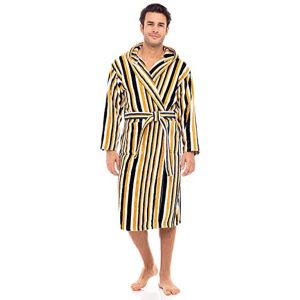 Kimono Soft Terry Cotton Men Striped Hooded Bathrobe Black-White-Yellow