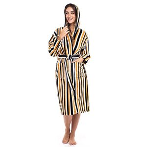Kimono Soft Terry Cotton Women Striped Hooded Bathrobe Black-White-Yellow