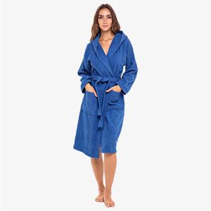 Kimono Soft Terry Cotton Women Hooded Bathrobe Blue