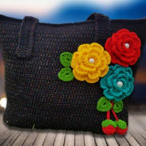 women black crochet multi floral handbag