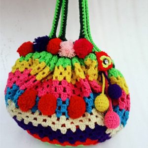 women crochet rainbow tassel handbag