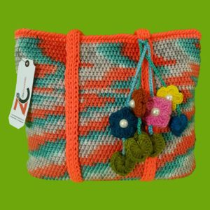 women orange crochet multi floral handbag