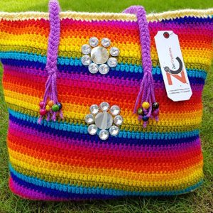 women rainbow crochet handbag