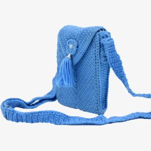 blue crochet tassel mobile pouch
