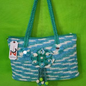 women blue crochet beaded tassel handbag