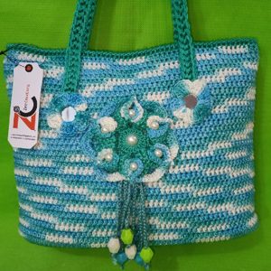 women blue crochet beaded tassel handbag